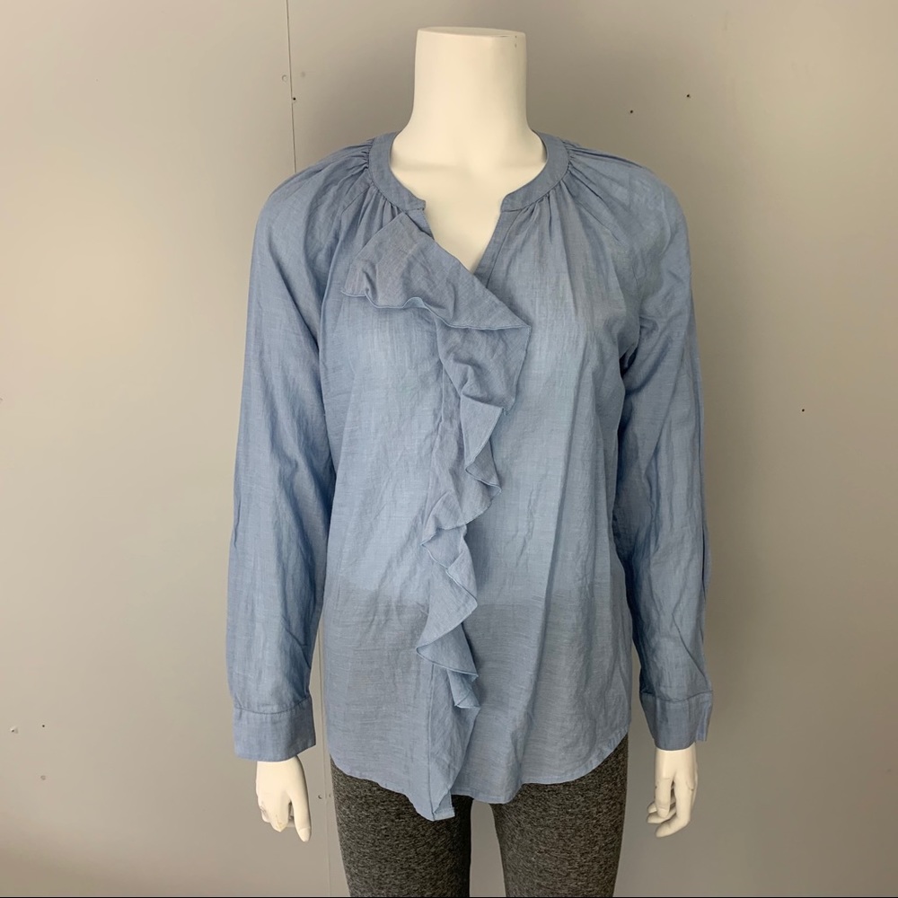 Ann Taylor Loft Collarless Ruffle Button Shirt